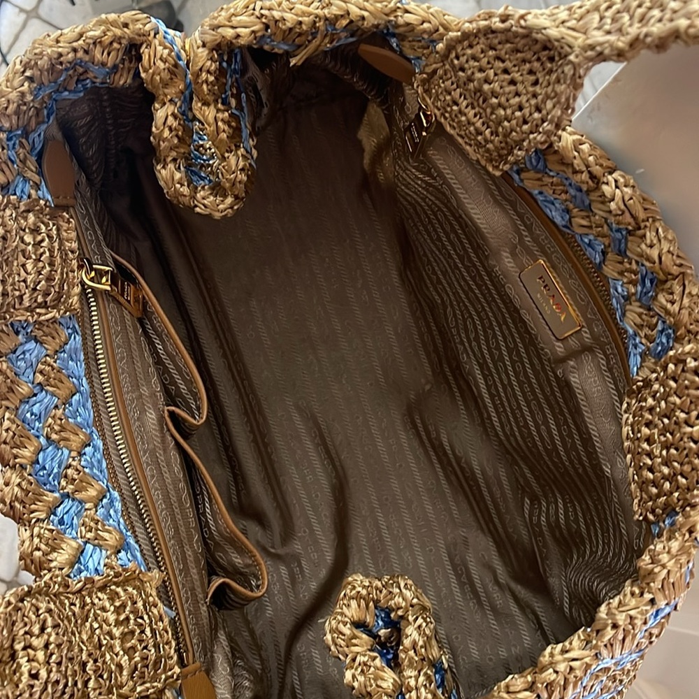 Prada Cielo Raffia Crochet Shopping Vacation Blue Tote Bag Rafia Resort - Picture 6 of 7